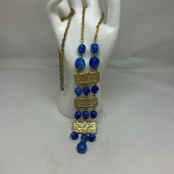 Pretty vintage blue bead, Art Deco style necklace - Picture 2 of 12